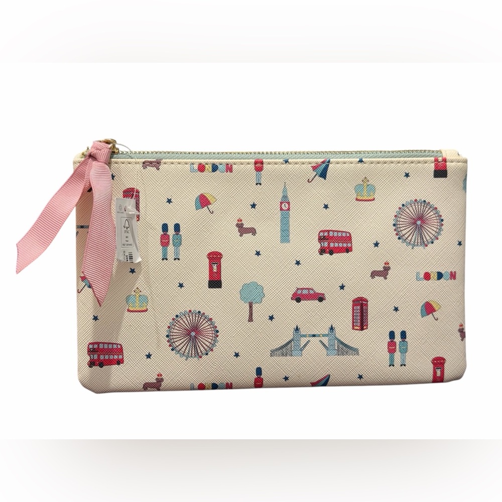 London Themed Beige Pouch with Pink Accents